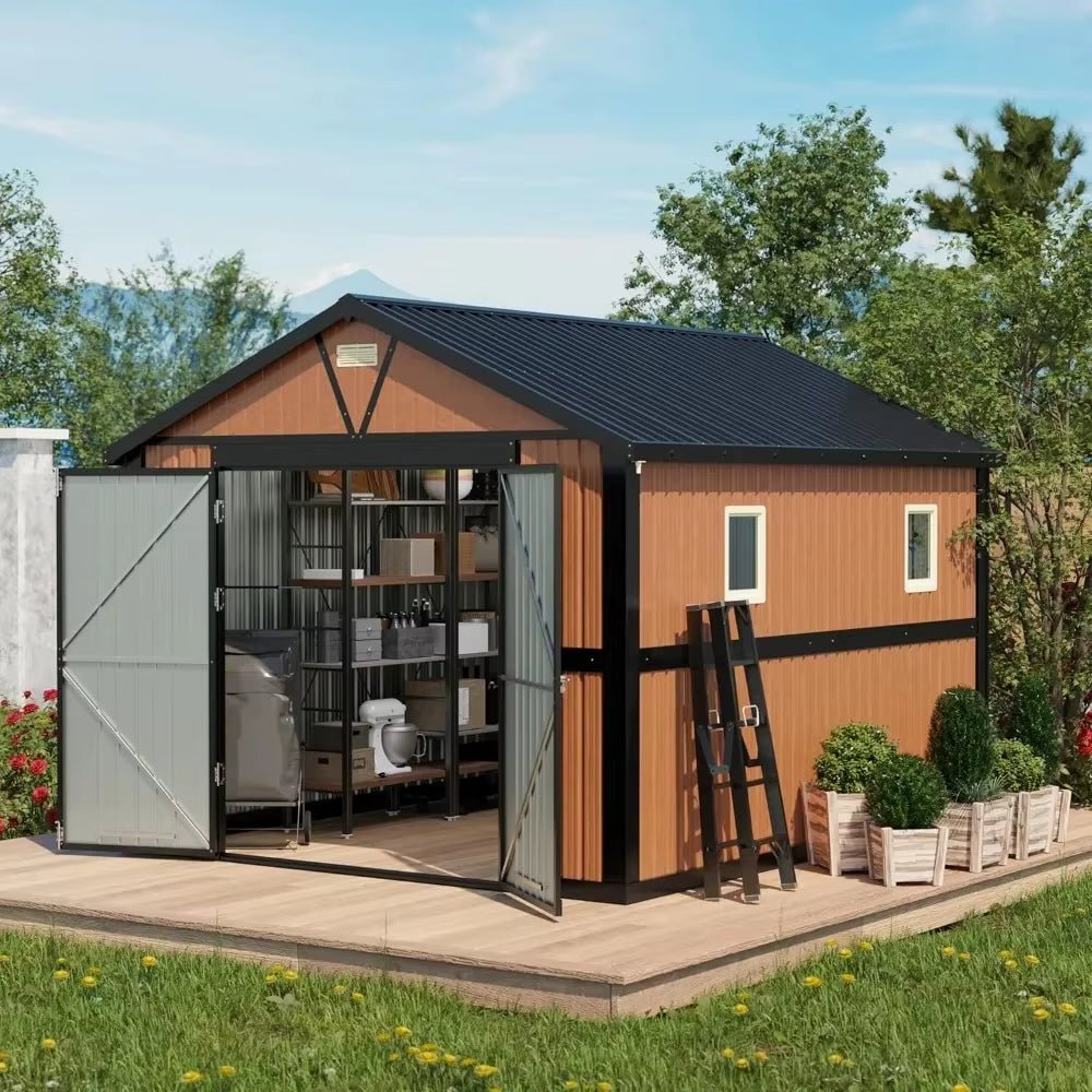 Massive 10x12 Ft Lockable Metal Storage Shed with 2 Windows - Ideal for Workshop, Bikes, Patio Utility, Tool Storage and Outdoor Gear