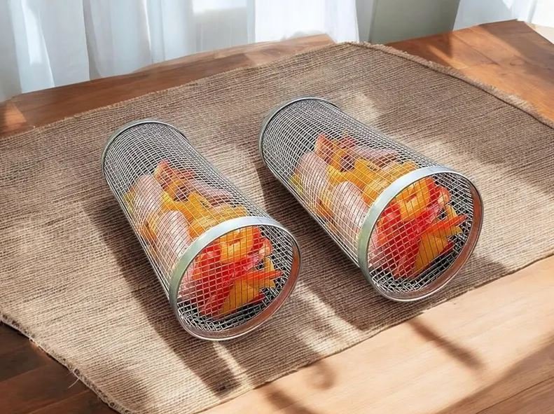 Stainless Steel Rolling Grill Basket – Round Grill Basket for BBQ Veggies, Fish & Meat ( Pack of 2 )