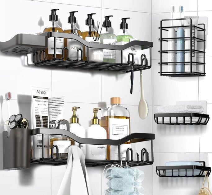 7-Pack Stainless Steel Shower Shelves – Adhesive Hanging Shower Caddy Set