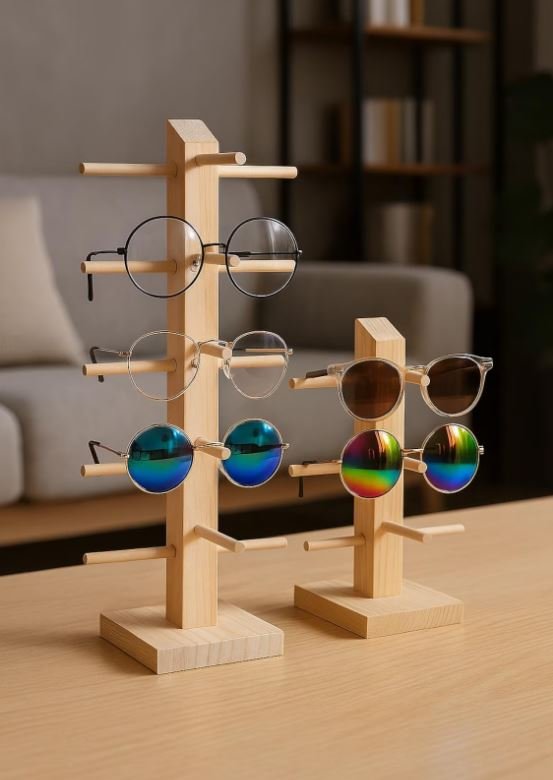 Wooden Eyeglass Display Stand - Multi-Tier Sunglasses Organizer Rack Set of 2