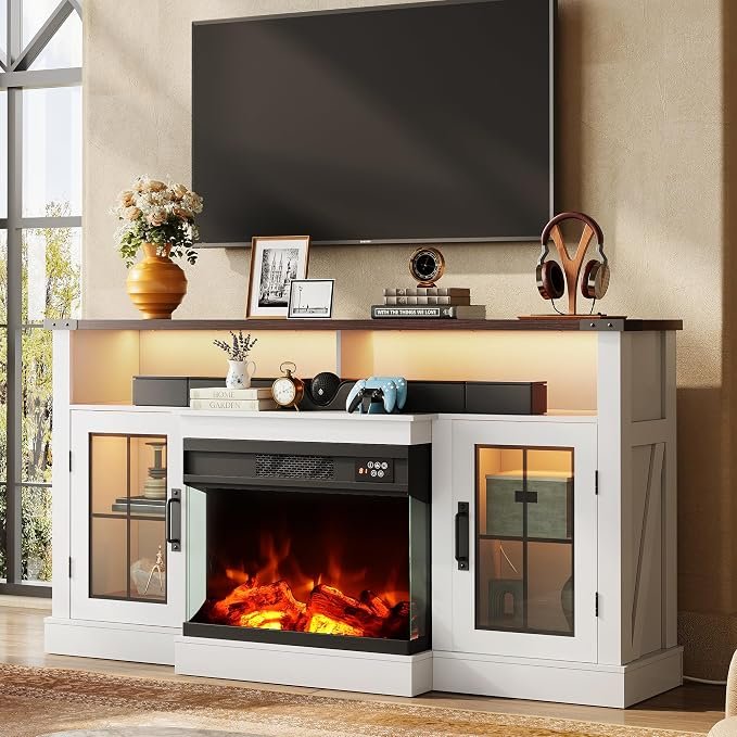 Farmhouse TV Stand With 3-Sided Glass Fireplace TV Stand with 2 Glass Cabinets