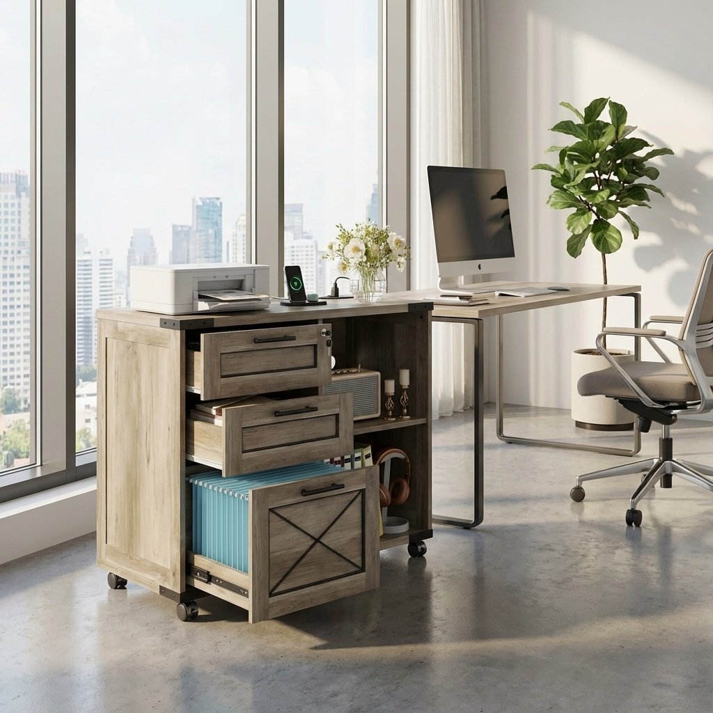 Wood File Cabinet with Charging Station