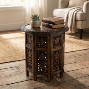 Solid Wood Accent End Table – Hand Carved Vintage Boho Folding Side Table