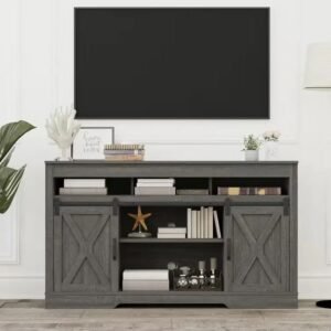 Farmhouse 65 Inch TV Stand with Sliding Barn Doors – Tall Wood TV Entertainment Center with Storage, Adjustable Shelves