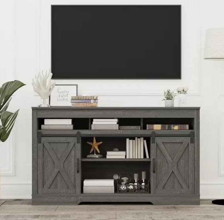 Farmhouse 65 Inch TV Stand with Sliding Barn Doors – Tall Wood TV Entertainment Center with Storage, Adjustable Shelves