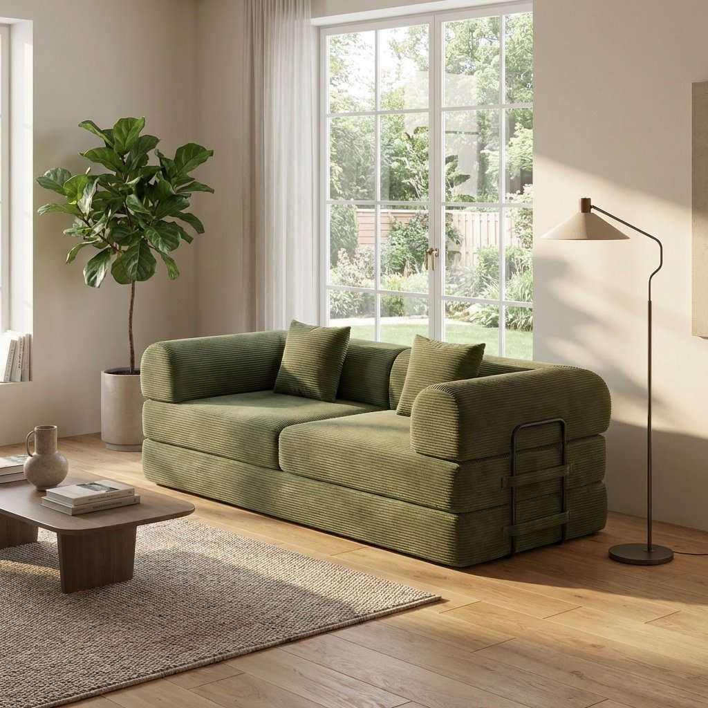 79" Convertible Sofa Bed with Folding Mattress, Modular Corduroy Sleeper Sofa for Small Spaces