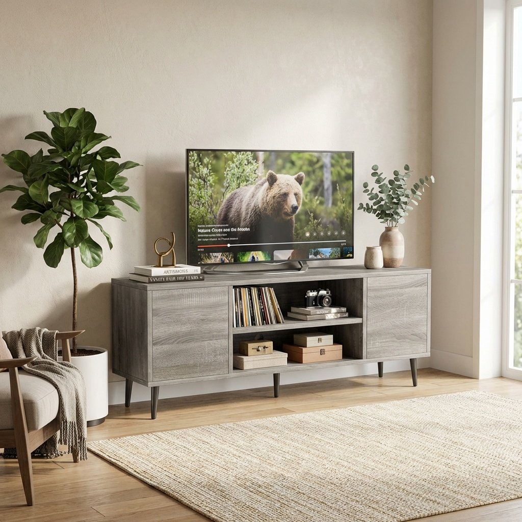 Mid Century TV Stand for 65 Inch TV - Modern Entertainment Center with Storage Cabinet